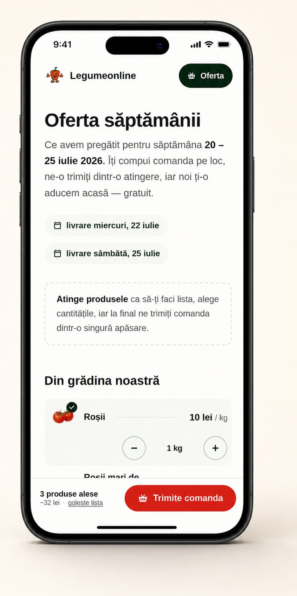 Oferta săptămânii deschisă pe telefon: alegi produsele și trimiți comanda dintr-o atingere.